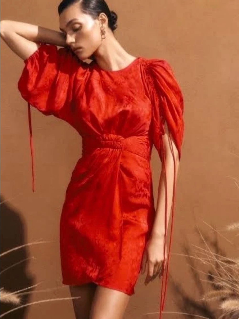 Silk Red Puff-Sleeve Mini Dress with Cinched Waist- AUS 10/ US 6